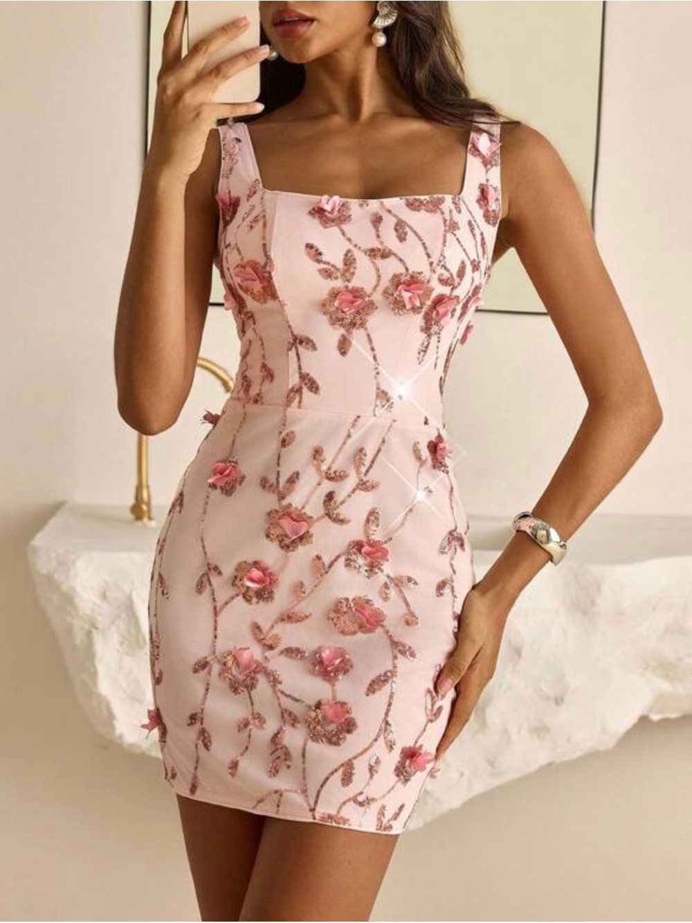 Enchnt Elegant Pink Floral Embellished Square Neck Mini Dress
